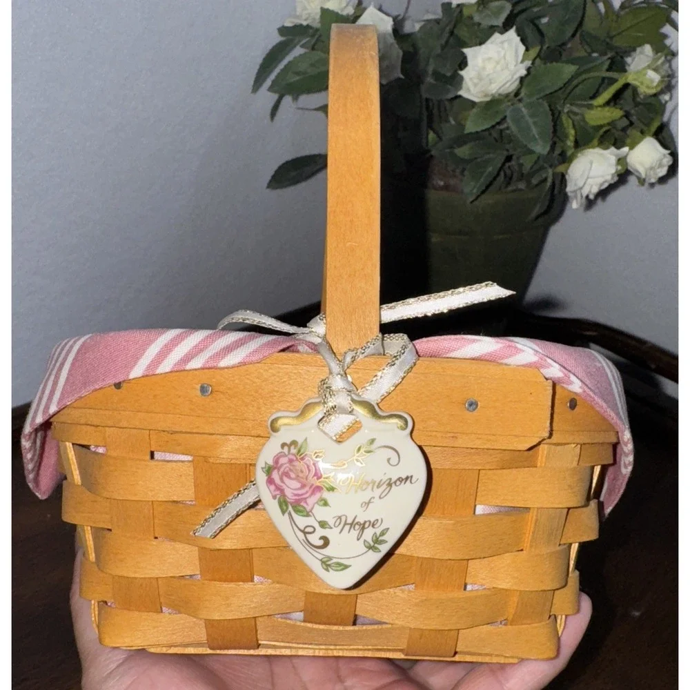 Longaberger HOPE Basket With Pink Stripes Liner, Plastic Liner‎ And Heart Tie On